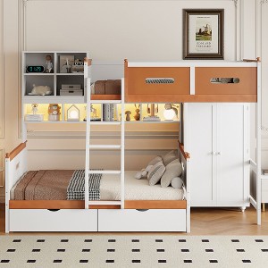 Twin Over Full Wooden Bunk Bed with Desk/Wardrobe, LED Light & Storage Space, White + Orange - ModernLuxe - 1 of 4