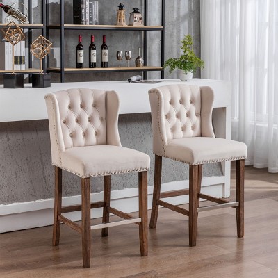 Modern High Bar Stools Set of 2,Velvet Upholstered Parsons Luxury Kitchen Bar Stools with Backs,Tufted Wingback Kitchen Island Chair-Cuddlewood