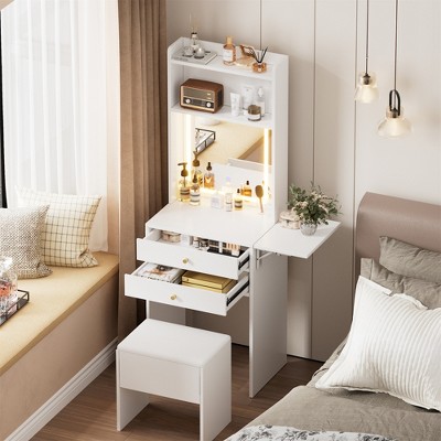 TIRAMISUBEST Small Space Vanity Table Set with 3 Adjustable Lighted Mirror and Storage Chair, Makeup Vanity Table for Small Space