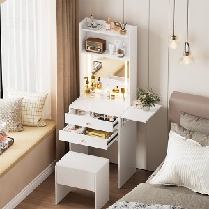 TIRAMISUBEST Small Space Vanity Table Set with 3 Adjustable Lighted Mirror and Storage Chair, Makeup Vanity Table for Small Space - 1 of 4