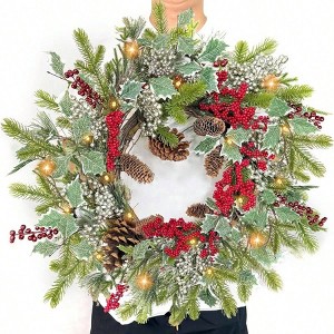 Wreath with Lights 20 inch Front Door Christmas Wreath Thick PE Pine Holly Leaves Red Silver Berries Pinecones Indoor Outdoor Wall Home - 1 of 4