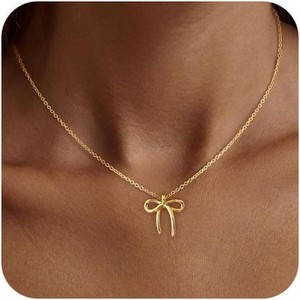 Gold Bow Pendant Necklace for Women, 14K Gold Plated CZ Bead Choker Christmas Gift - 1 of 4