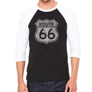LA Pop Art Men's Raglan Baseball Word Art T-shirt - CITIES ALONG THE LEGENDARY ROUTE 66 - 1 of 4