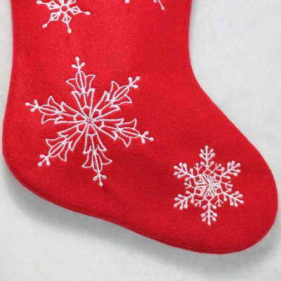 Red and White Embroidered Merry Christmas Stocking with Snowflakes