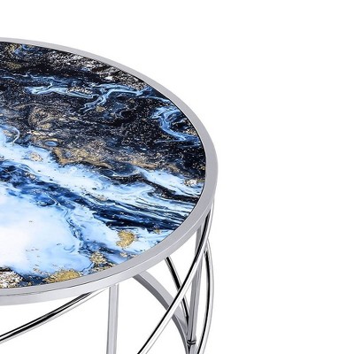 Blue Marble Print and Chrome Round Coffee Table
