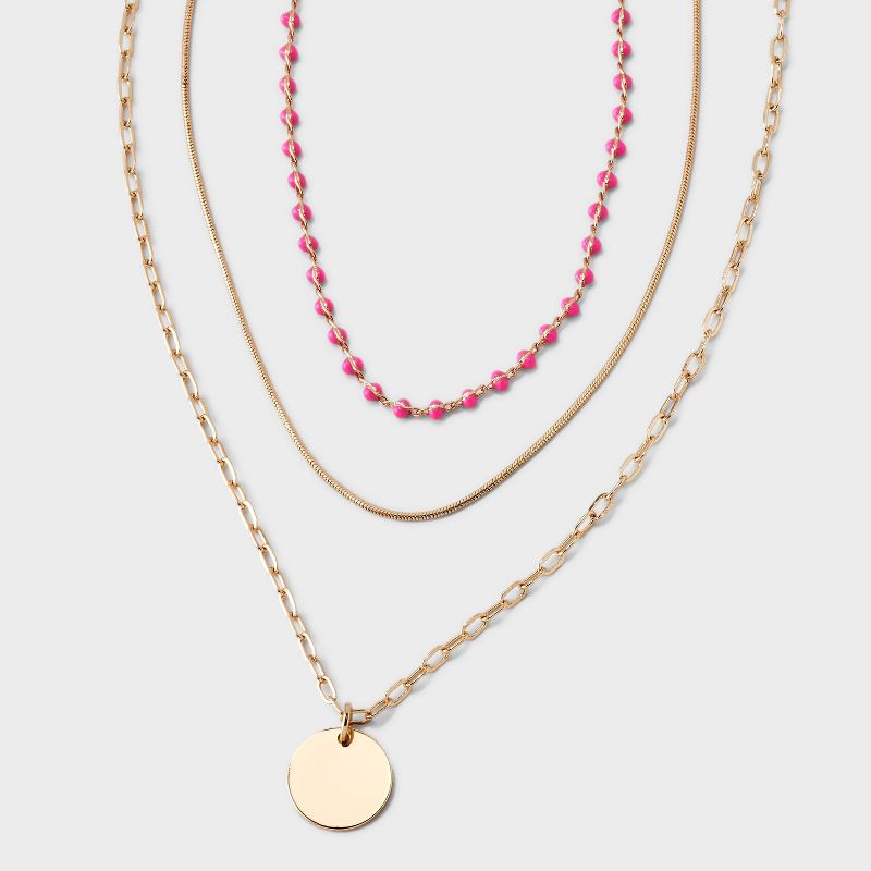 Layered Chain &#38; Bead Necklace - Universal Thread&#8482; Gold/Pink, 1 of 5