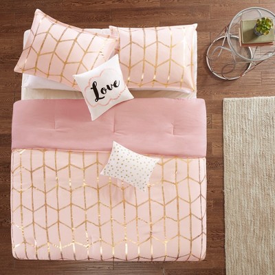 Blush and Gold Twin XL Microfiber Geometric Comforter Set