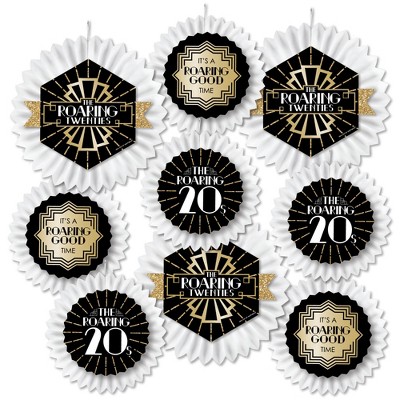 Big Dot of Happiness Roaring 20's - Hanging 1920s Art Deco Jazz Party Tissue Decoration Kit - Paper Fans - Set of 9