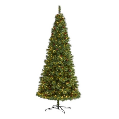Nearly Natural 9-ft White Mountain Pine Artificial Christmas Tree with 650 Clear LED Lights and Pine Cones