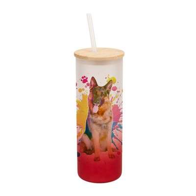 100 North 25 Ounce Frosted Glass Gradient Travel Tumbler With Straw & Wooden Lid, German Shepherd Paint Splatter Red