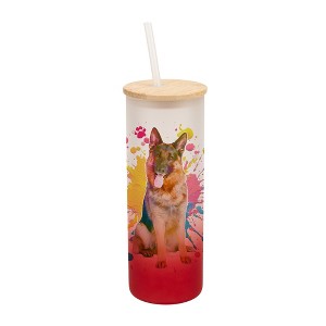 100 North 25 Ounce Frosted Glass Gradient Travel Tumbler With Straw & Wooden Lid, German Shepherd Paint Splatter Red - 1 of 4