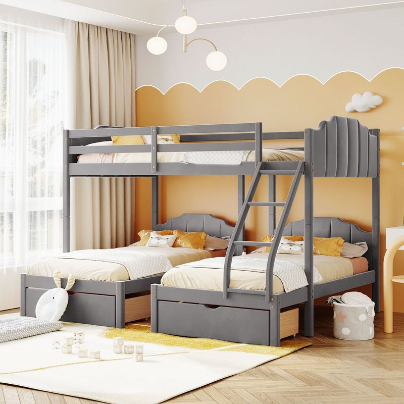 Full Over Twin & Twin Bunk Bed, Velvet Triple Bunk Bed with Drawers and Guardrails-ModernLuxe, 2 of 16