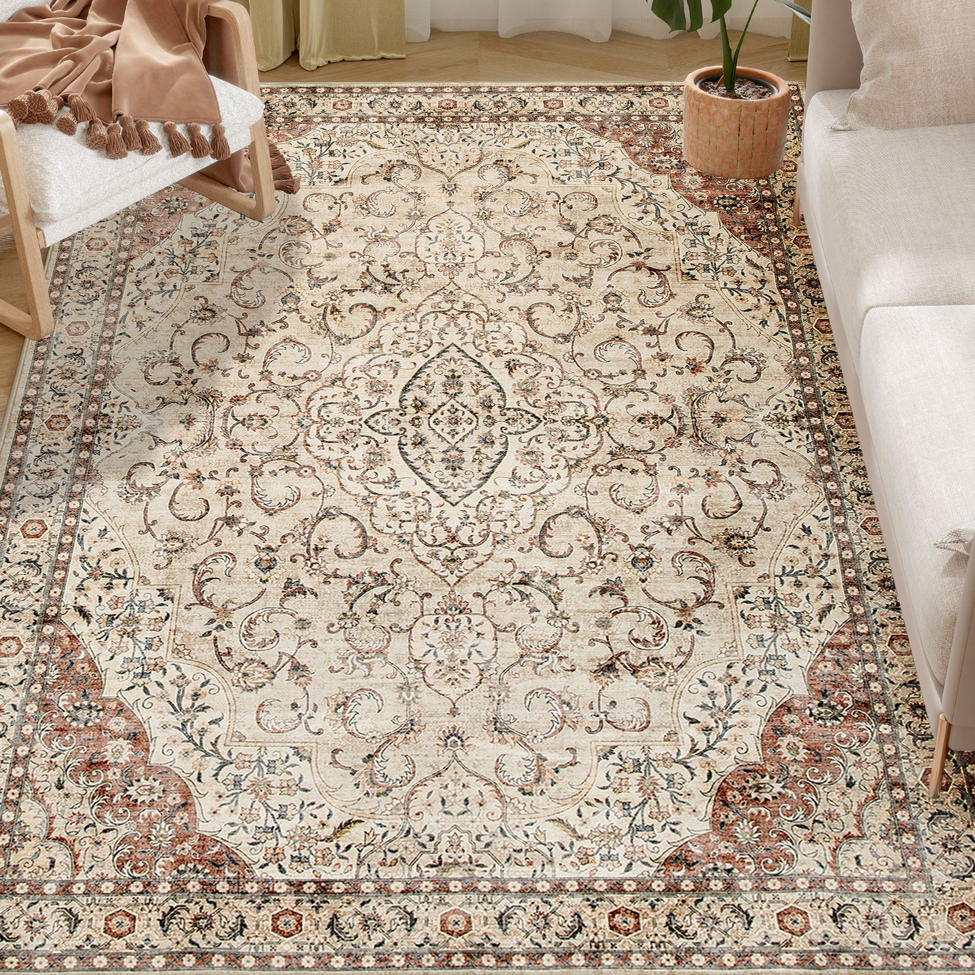 HOMCOM Area Rug 5x7, Machine Washable Rug, Non-Slip Classical Floral Print Floor Carpet for Living Room, Bedroom, Dining Room, Mixed-Brown