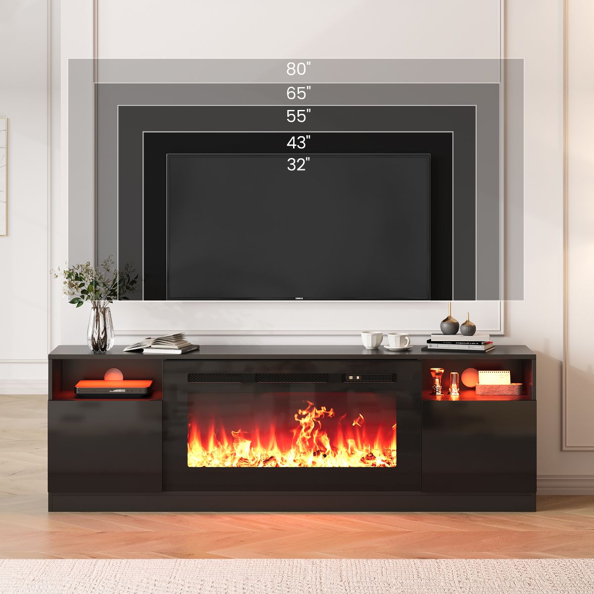 Modern 70" Electric Fireplace TV Stand, 36" Heater, 12 LED Flames, 2‑Tier Entertainment Center, Fits 80" TV, Black Glossy Media Console with Storage - thumbnail 5