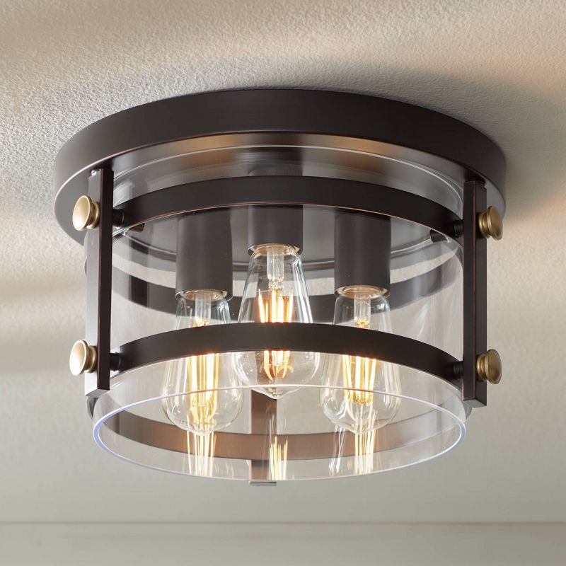 Franklin Iron Works Eagleton Modern Farmhouse Ceiling Light Flush Mount Fixture 13 1/2" Wide Oil Rubbed Bronze 3-Light Clear Glass for Bedroom House, 2 of 9