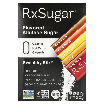 RxSugar Swealthy Stix, Flavored Allulose Sugar, Sweet Tea, Fruit Punch, Lemon Lime, Orange, Raspberry, 30 Packs, 0.35 oz (10 g) Each