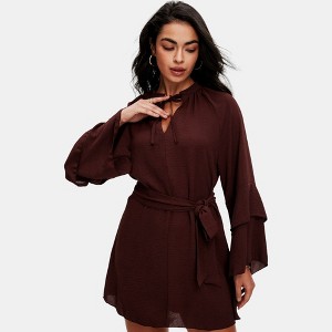 Knit & Lounge Women’s Flowy Mini Dress Layered Bell Sleeves Tie Neck Waist Belt Soft Textured Fabric Casual Fit - 1 of 4