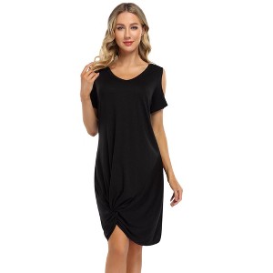 Coolmee Women Trendy Casual Cold Shoulder Short Sleeve V Neck Twist Knot Hem Wrap Midi Dress - 1 of 3