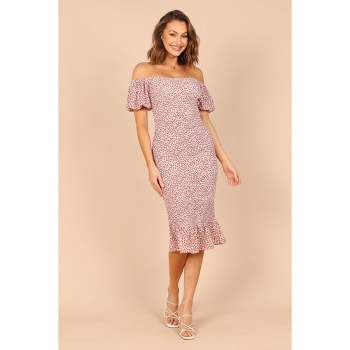 Petal and Pup Womens Claire Shirred Bodycon Off Shoulder Midi Dress