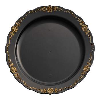 Smarty Had A Party 10" Black with Gold Vintage Rim Round Disposable Plastic Dinner Plates (120 Plates)