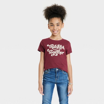 Girls' 'Thankful' Short Sleeve Graphic T-Shirt - Cat & Jack™ Burgundy