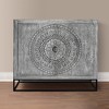 Royal Hampton 39 Inch Handcrafted Accent Cabinet with 2 Doors, Medallion Engraved, Sandblasted Gray Mango Wood, Black Iron Framed Stand - 3 of 4