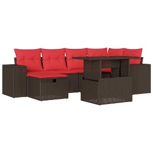 vidaXL 7 Piece Patio Sofa Set with Cushions Brown Poly Rattan - 1 of 4
