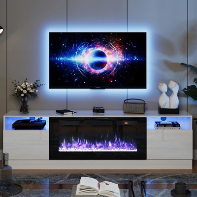 AOXUN 70" Fireplace TV Stand with 36" Electric Fireplace, LED Light Entertainment Center, Wood Texture Storage Cabinet for TVs Up to 80", White