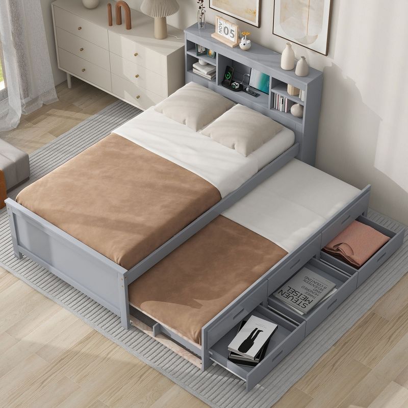Full/Twin Size Wood Platform Bed with Storage Headboard, USB, Trundle Bed and 3 Drawers-ModernLuxe, 1 of 15