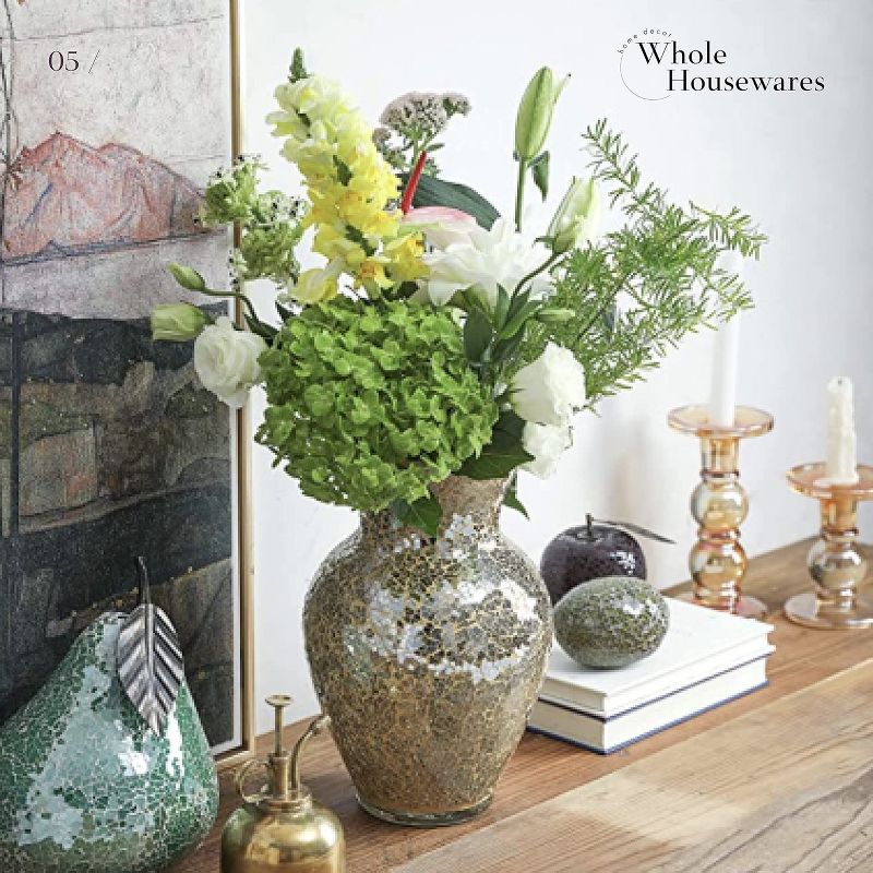 WHOLE HOUSEWARES | Mosaic Glass Vase | 10.5" Home Décor Centerpiece | Elegant Glass Flower Vase for Living Room (Gold), 5 of 7
