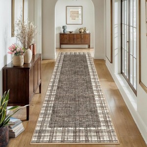 Modern Bordered Striped Runner Rug - Washable Stain Resistant Throw Carpet with Non-Slip Backing Low Pile Floor Cover for Hallway Laundry Bedroom - 1 of 4
