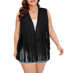 Whizmax Women's Plus Size Tassel Vest Hippie Faux Suede Rivets Sleeveless Costume Fringe Jacket - 1 of 4