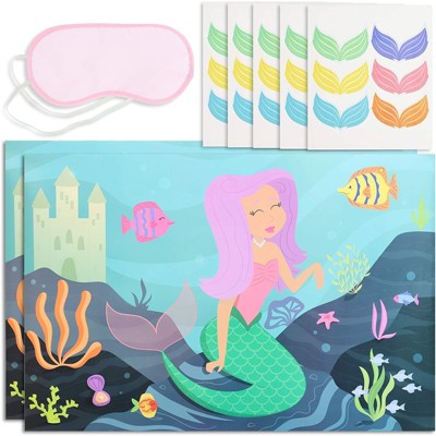 Blue Panda Pin the Tail Birthday Party Games for Kids, Mermaid Game with 2 Posters, Sticker Sheet, Eye Mask