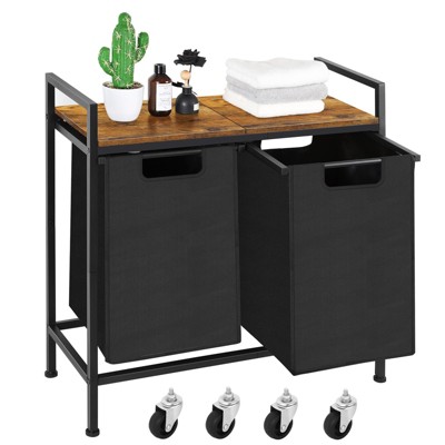 Oumilen Black Double Laundry Hamper Basket with Removable Bag and Brown Wood Shelf