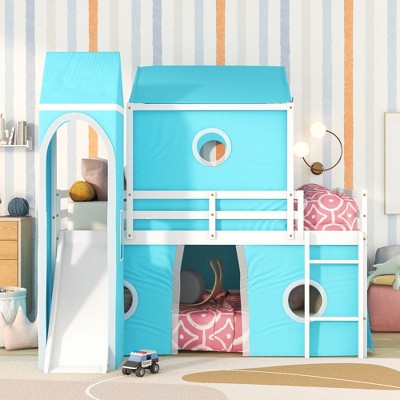 Loft Bed Frame with Slide Curtains and Tower,  Wood Castle Low with Tent, Playhouse Bed with Roof Windows and Fence for Kids Blue Full Twin Size
