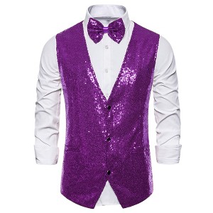 Lars Amadeus Men's Sequin Shiny Slim Fit Sleeveless Suit Waistcoat Set with Bow Tie - 1 of 4