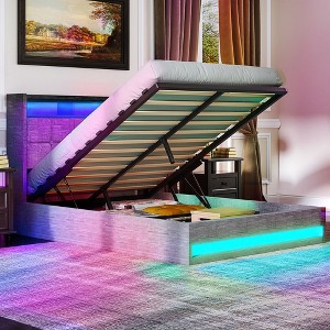 VECELO Full/Queen Size Upholstered Lift Up Storage Bed, Metal Frame Platform Bed with Lighted Headboard, USB Ports and Shelves, Gray - 1 of 4