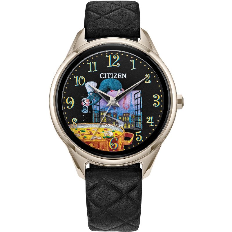 Citizen Pixar Eco-Drive watch featuring Ratatouille 3-hand Silvertone Black Leather Strap, 1 of 7