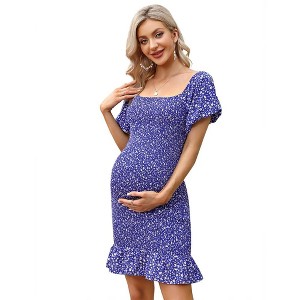 LXT-Women's Maternity Off Shoulder Smocked Ruffle Hem Dress - 1 of 4