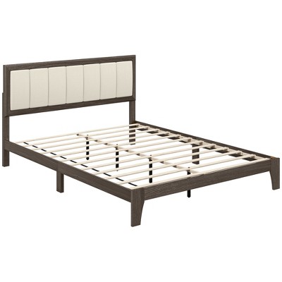 HOMCOM Bed Frame with Upholstered Headboard, Platform Bed Frame with Wooden Slats, No Box Spring Needed, Easy Assembly