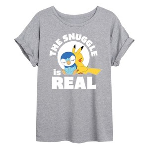 Women's - Pokémon - The Snuggle Is Real Pikachu And Piplup Oversized Graphic T-Shirt - 1 of 4