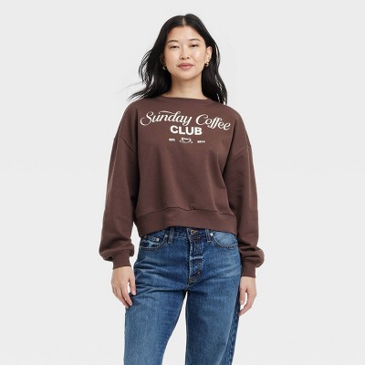 Women's Sunday Coffee Club Cropped Fleece Graphic Sweatshirt - Brown