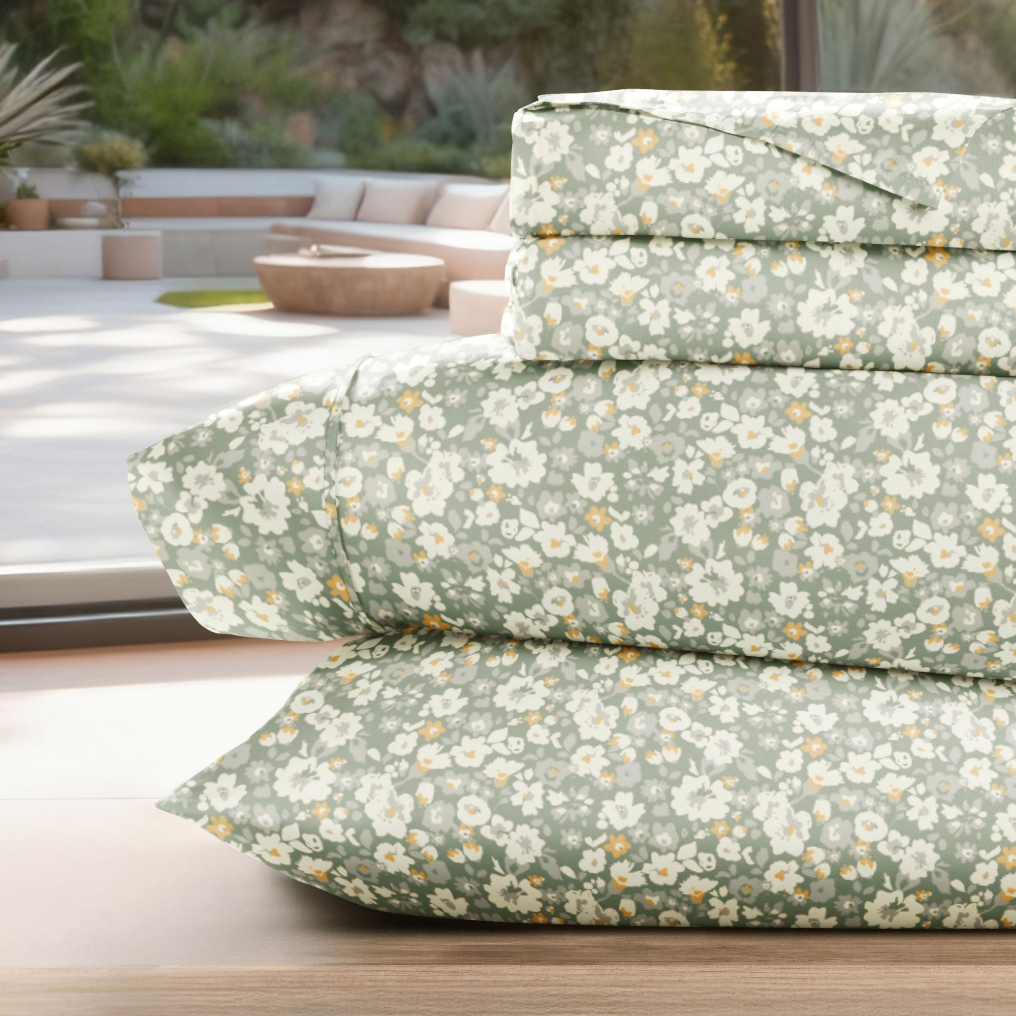 Delicate Blossoms Floral Patterned Ultra-Soft 4 Piece Bed Sheet Set - Becky Cameron, Floral Dream Eucalyptus, King