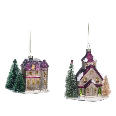 Transpac Glass 5 in. Multicolor Christmas House with Bottle Brush Tree Ornament Set of 2