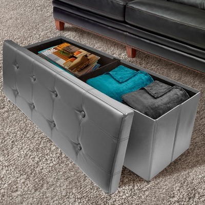 Gray Faux Leather Storage Bench with Button-Tufting