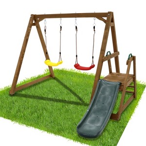 Gulches 2-in-1 Wooden Swing Set for Backyard Kids Playset with Slide & Climbing Rope Ladder, A-Frame Design, for Ages 2-10 - 1 of 4