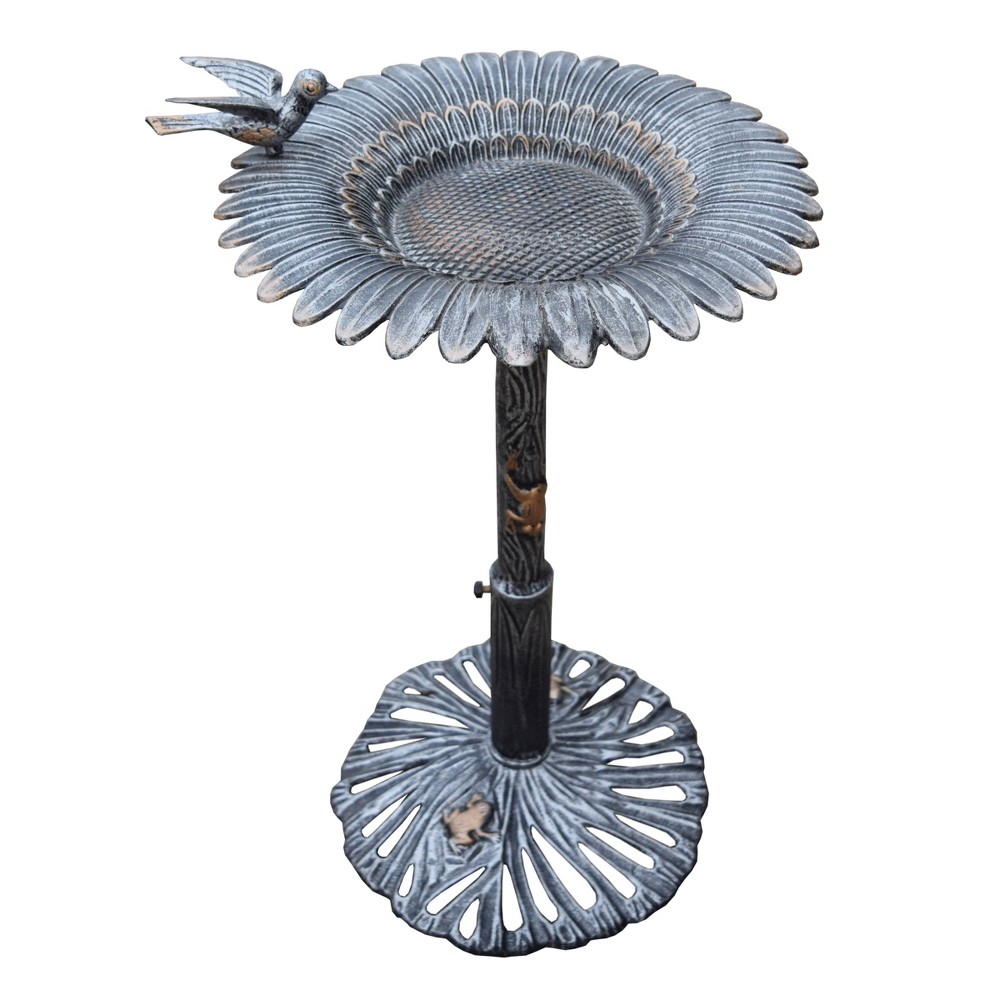 34" Metal Sunflower BirdBath - Antique Pewter - Oakland Living: Freestanding, Weather-Resistant