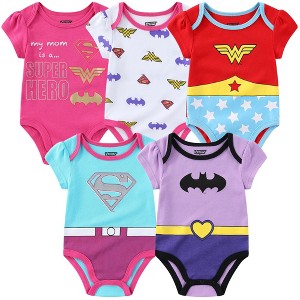Warner Bros Girl's 5-Pack Justice League Roleplay Baby Bodysuit Creeper Set - Wonder Woman, Batgirl, Supergirl - Size 12M - 1 of 4