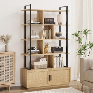 5 Tier Rattan Bookshelf with Storage Cabinet & Door, 71.1 Inch Tall Industrial Book Shelf with Open Display Shelves, Bookcase with Metal Frame - 1 of 4