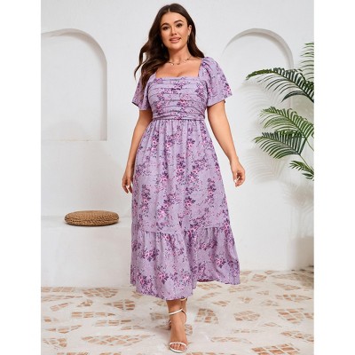 YESFASHION Women Plus Size Maxi Dress Floral Casual Dress Short Sleeve Long Dress Ruffle Pleated High Waist Square Neck Summer Dress